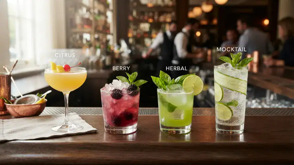 Selección variada de cócteles y bebidas sin alcohol para boda